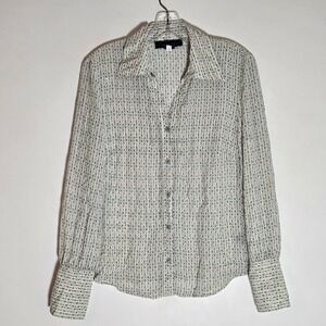 Jones Wear Top Womens 10 Multicolor Teal Pink Button Up Long Sleeve Collared